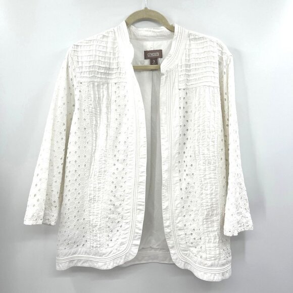 Chico's Women's White Eyelet Cotton Long Sleeve Open Front Jacket Size 3 - Picture 1 of 16